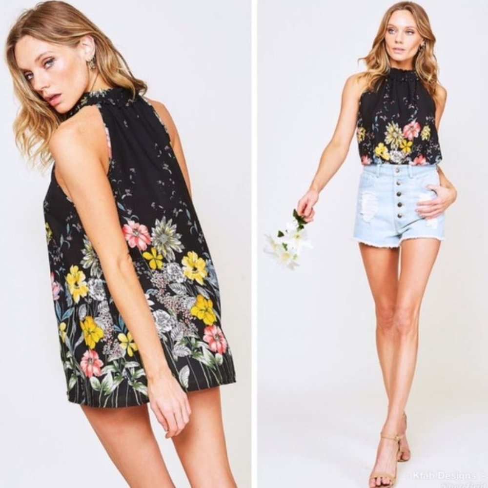 Black floral print sleeveless blouse